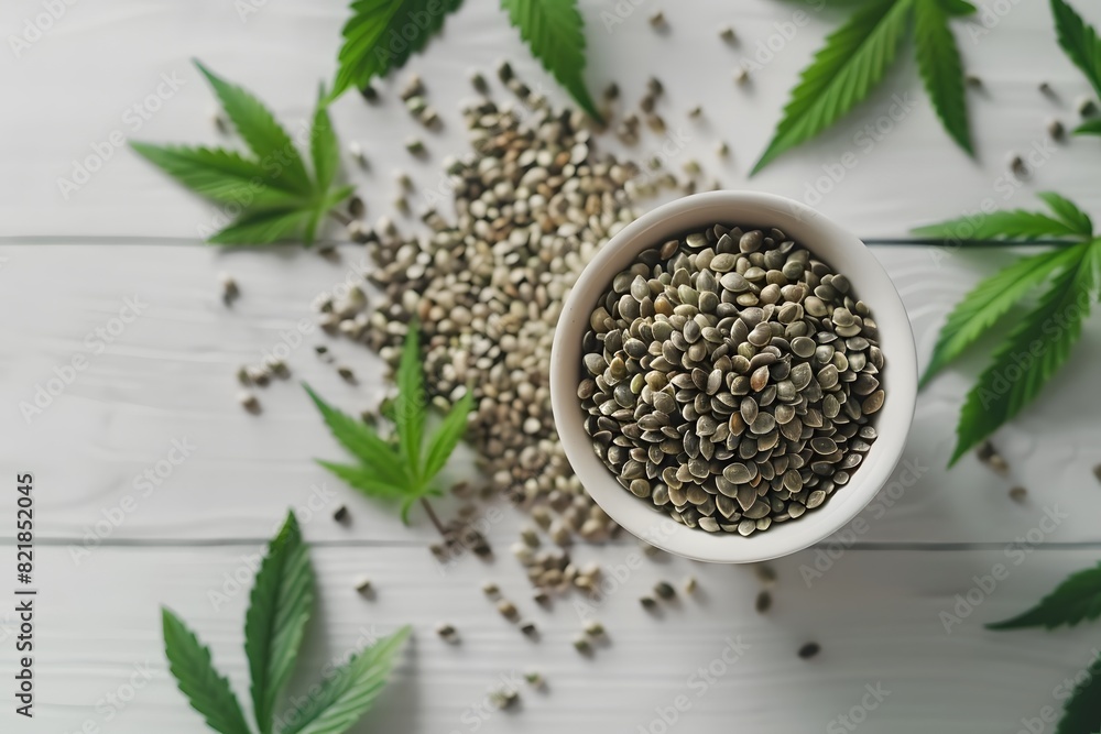 Hemp seeds and leaves on white wooden background Hemp seeds and leaves on white wooden background