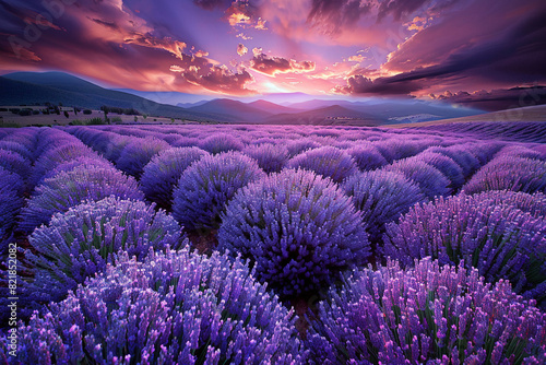 Stunning Lavender Field Illuminated by Twilight Hues 
