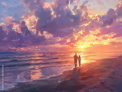 A serene beach scene with an LGBTQ couple walking hand in hand at sunset