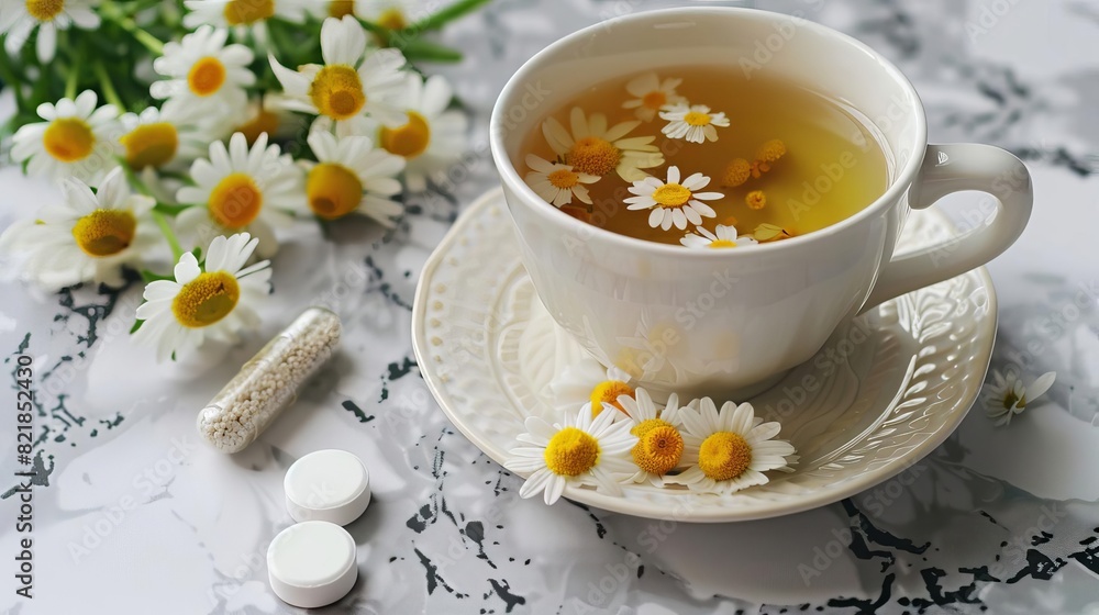 Sleep Aid Pill and Chamomile Tea Cup with Flowers A sleep aid pill beside a cup of chamomile tea with chamomile flowers, symbolizing relaxation and restfulness Sleep Aid Pill and Chamomile Tea Cup with Flowers A sleep aid pill beside a cup of chamomile tea with chamomile flowers, symbolizing relaxation and restfulness