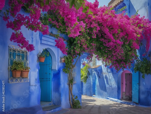 Vibrant bougainvillea cascades over a charming cobblestone alley with vivid blue walls and colorful doors