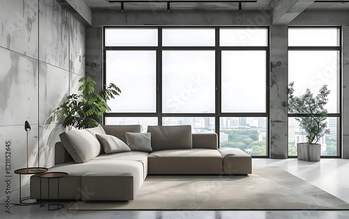 3D rendering of an interior design of a modern living room with a sofa and armchair against a window in a concrete wall background