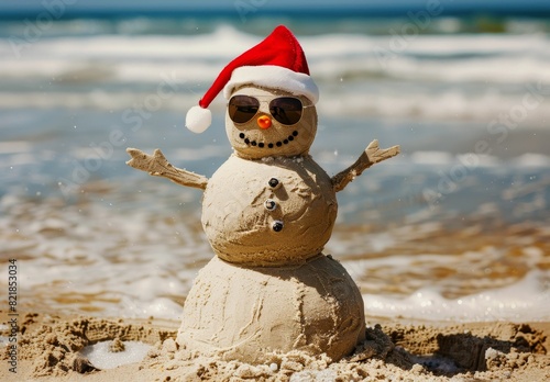 a sand snowman wearing a santa hat and sunglasses