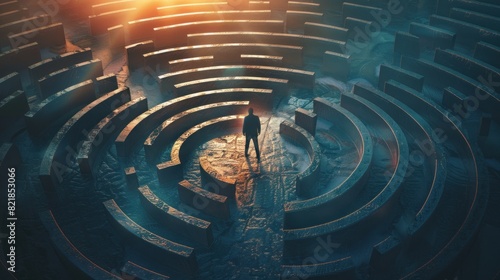 Man walks through a labyrinth, and difficult paths and obstacles serve as metaphors for difficulties