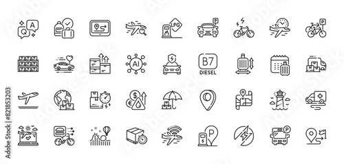 Bicycle parking, Delivery truck and Gps line icons pack. AI, Question and Answer, Map pin icons. Ambulance transport, Lighthouse, Map web icon. Food delivery, Diesel, Car charging pictogram. Vector