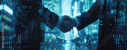 In a close-up shot against a digital blue background, two business individuals are seen shaking hands.