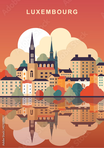 Luxembourg retro city poster with abstract shapes of skyline, buildings. Vintage travel vector illustration, cityscape at sunrise, sunset
