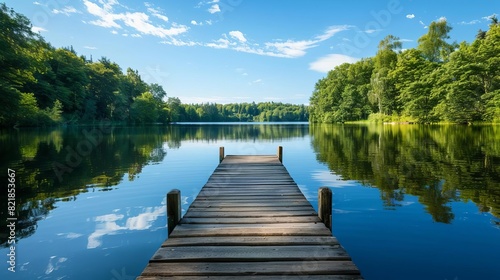 Serene wooden dock extending over a calm lake reflecting the clear blue sky and lush green trees on a beautiful day.