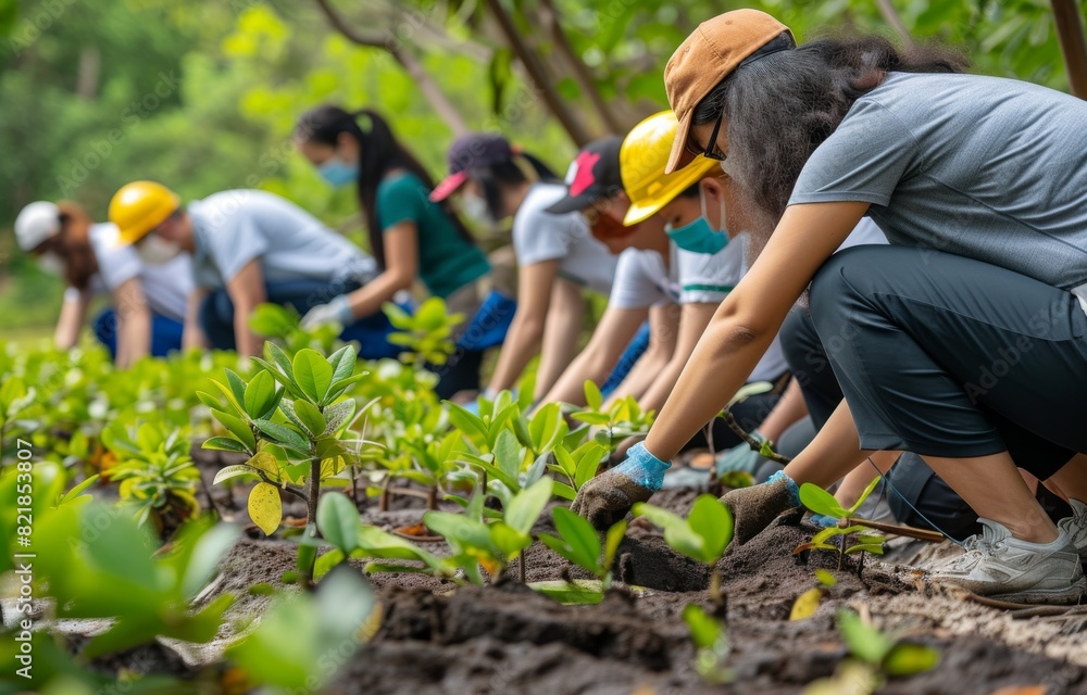 Fototapeta premium diversity volunteer worker group enjoy charitable social work outdoor in mangrove planting NGO work for fighting climate change and global warming in the coastline habitat project