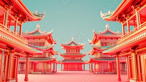 Wallpaper Mural Chinese new year, Decorated temple, Chinese lanterns, Chinese temple, festival, prosperity and luck, decorations with red background Torontodigital.ca