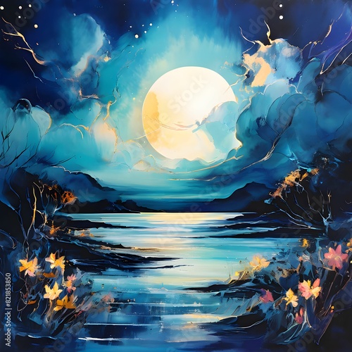 watercolor background depicting a magical fairy glen under the blue  moonlight. Magic forest in the dark night, with glowing plants and starry blue sky with full moon day. full moon in the night sky