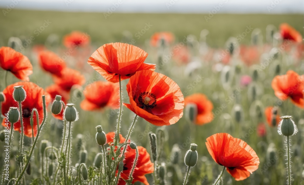 Fototapeta premium Red poppies bloom in a field of green grass