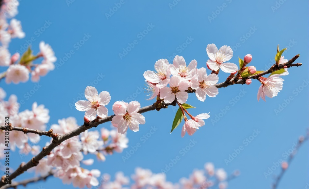 Pink blossoms on a branch against a blue sky