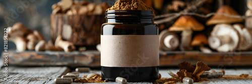 A product shot of a mushroom supplement powder in a tub with a blank label AI