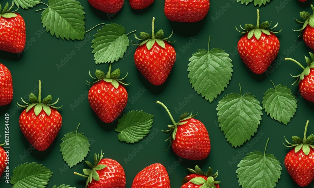 Top view of fresh strawberries with green leaves on a green backdrop Top view of fresh strawberries with green leaves on a green backdrop
