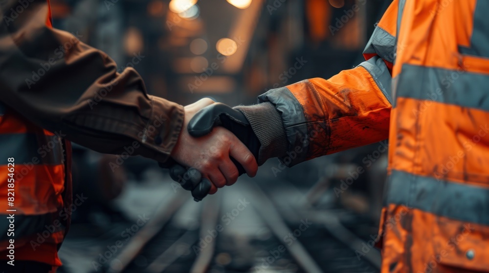 Close up two man at construction site shaking hands. Handshake in the workplace. Success, teamwork concept. Close up two man at construction site shaking hands. Handshake in the workplace. Success, teamwork concept.