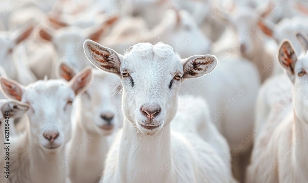 flock of white horned goats in summer meadow flock of white horned goats in summer meadow