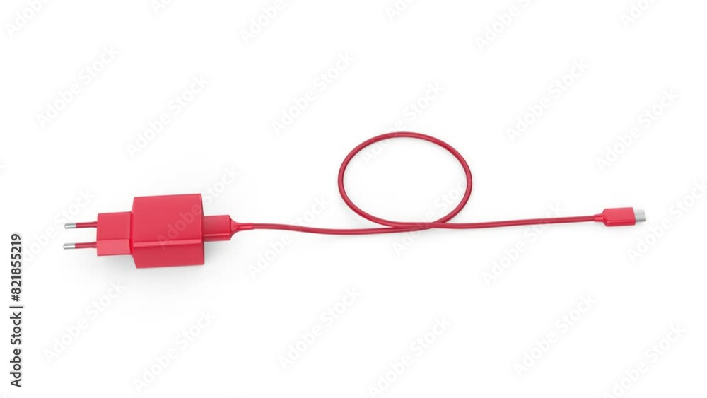 Red power adapter with USB-C cable on white background
Red power adapter with USB-C cable on white background