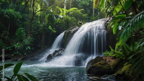 view of waterfall in the rainforest covered with tress