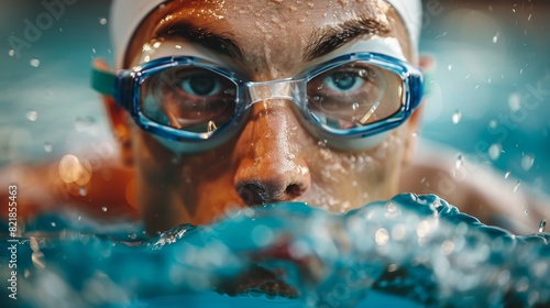 portrait of an athlete swimmer in swimming goggles strives for victory at a swimming competition. men's swimming championship © Photolife  
