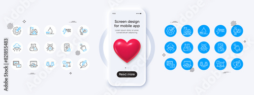 Phone mockup with 3d heart icon. Online question, Fraud and Cursor line icons. Pack of Waterproof, Online storage, Like icon. Photo camera, Building, Settings gear pictogram. Vector