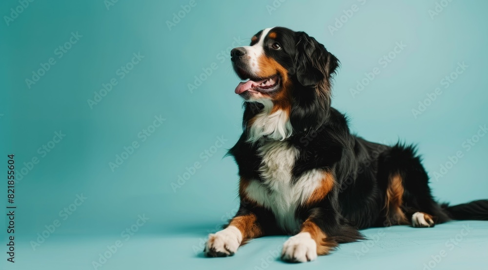 a black and brown dog sitting on top of a blue background