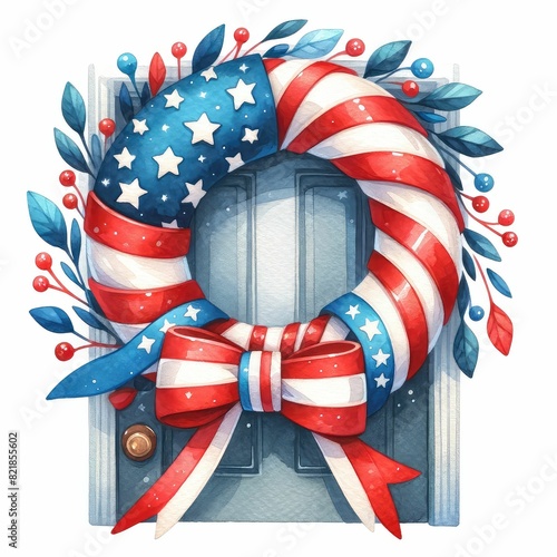 Patriotic door decorations. watercolor illustration, Perfect for nursery art, simple clipart, single object, white color background. 