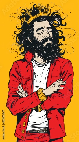 Illustration of a man with a beard and makeup, wearing a crown and a red jacket, set against a yellow background.