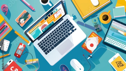 A vibrant digital workspace scene featuring a laptop, various gadgets, stationery, and a cup of coffee.