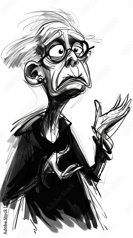 Illustration of an elderly woman with a surprised expression and open arms, depicted in black and white sketch style. Illustration of an elderly woman with a surprised expression and open arms, depicted in black and white sketch style.