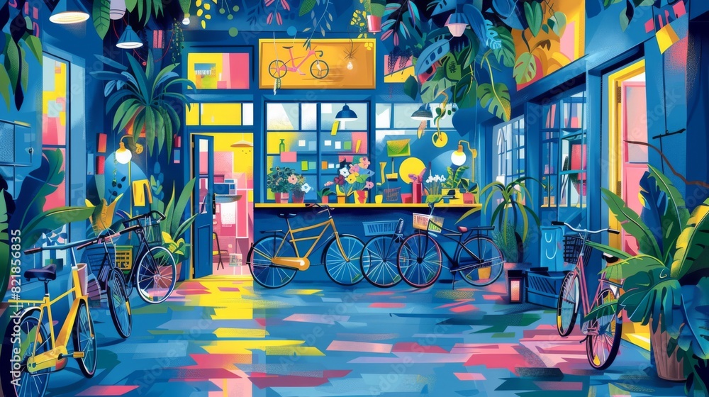 A vibrant illustration of a man smiling in a cozy bicycle shop filled with plants and bikes. A vibrant illustration of a man smiling in a cozy bicycle shop filled with plants and bikes.