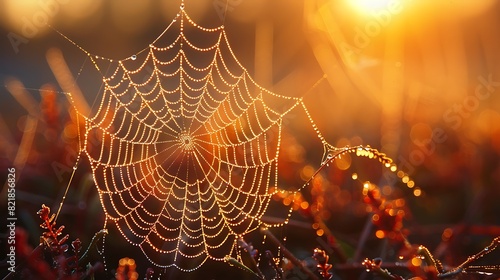 Marvel at the delicate beauty of a dew-kissed spider's web, glistening like a jewel in the early morning light.