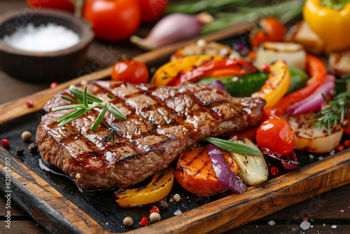 Succulent Grilled Steak with Colorful Vegetables on Wooden Board 