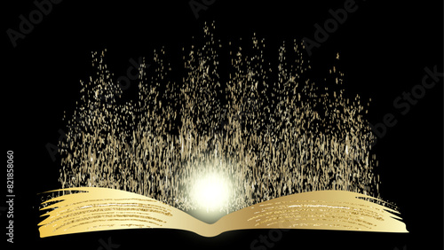 Burning with fire and smoke Holy Bible Gold Ancient Book banner, illuminated message Ai.