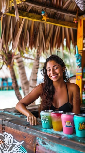 Smiling Hispanic Female Barkeeper in Bikini Making Cocktails at Beach Tiki Bar by Summer, Vertical Photo (9:16)