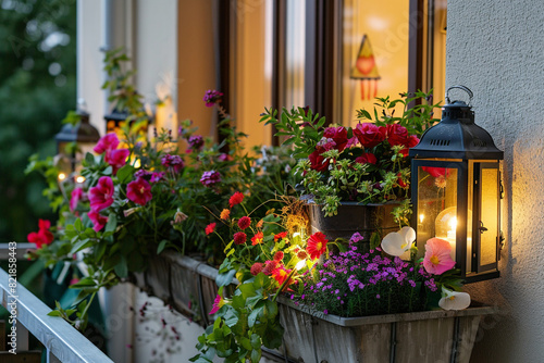 Summer balcony decor potted plants, lanterns, and colorful flowers illuminate 