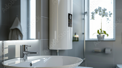 Closeup water heater in a modern bathroom with mirror and washbasin sink