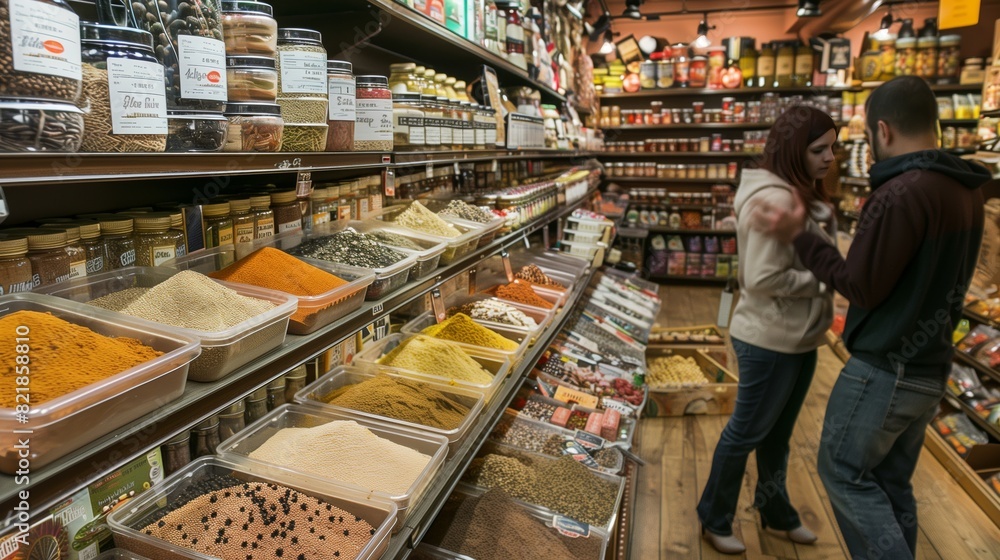 An aisle of international foods showcases exotic spices. A couple eagerly picks items for new culinary adventures.