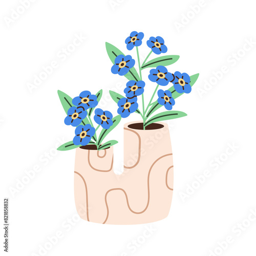 Forget me not flower in modern pottery vase. Myosotis with leaves in stylish floral pot. Wildflower, bloom meadow plant for interior decoration. Flat isolated vector illustration on white background
