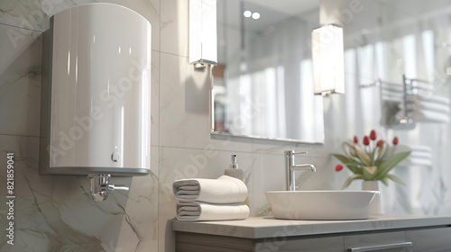 Closeup water heater in a modern bathroom with mirror and washbasin sink