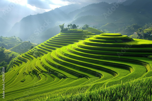 Summer Greens in Asia A Panoramic View of Majestic Terraced Rice Fields in Mangshong 