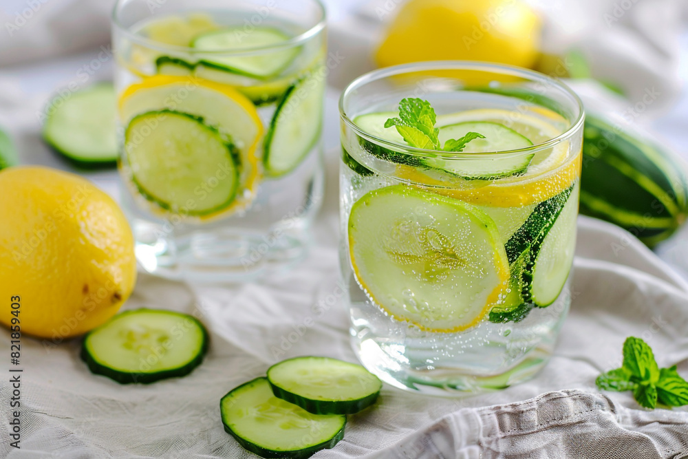 Summer refreshing drinks, water infused with lemon, cucumber and mint Summer refreshing drinks, water infused with lemon, cucumber and mint