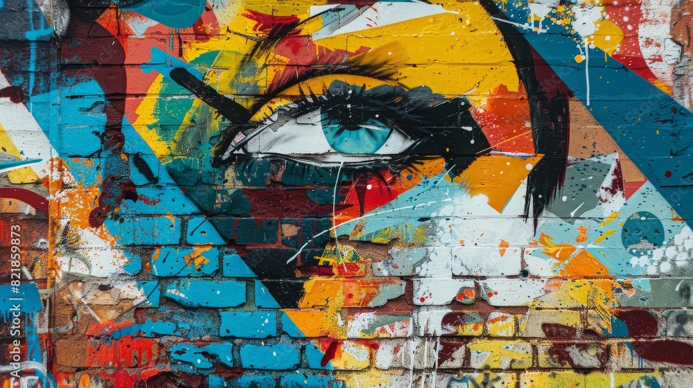Fototapeta premium Spray paint meets brick wall in this street art scene, where vivid colors and bold designs convey a message of creativity and freedom. The artwork breathes new life into the urban environment.