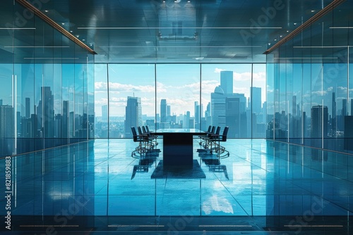 Business background, office meeting room with view of tall buildings.