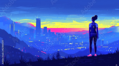 Illustration of a young woman admiring a futuristic cityscape at sunset with vibrant colors. © neatlynatly