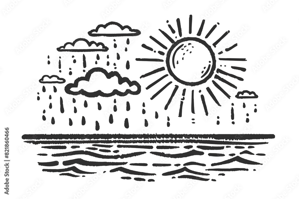 Obraz premium Sun and rain Rainy, Weather icon, simple vector svg illustration, hand drawn black and white, isolated on white background 