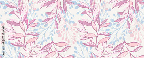 Pastel unique jungle seamless pattern with branches, creative leaves, leaf stems, plants. Abstract artistic tropical botanical printing on a light background. Vector hand drawing. Ornament repeated