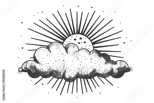 Sun behind snowcloud Partly snowy, Weather icon, simple vector svg illustration, hand drawn black and white, isolated on white background   photo