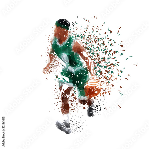 Basketball player, isolated low poly vector illustration with shatter effect, side view