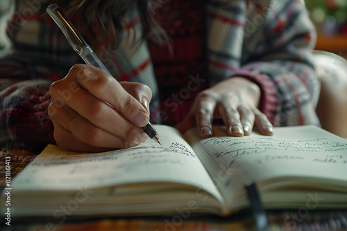 a person's hands writing in a gratitude journal, reflecting on the positive aspects of their life and fostering a positive mindset